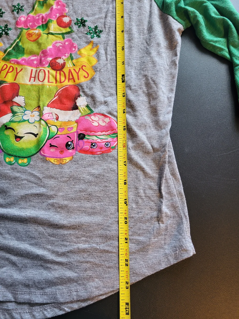 Shopkins Raglan Sleeve Christmas T-Shirt Girls Sz XL(14-16) Gray/ Green